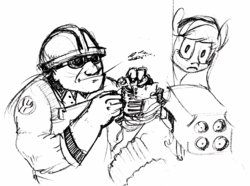 Size: 1923x1429 | Tagged: safe, artist:le chat tombe de la fenêtre, oc, oc only, oc:amber rose (thingpone), oc:thingpone, engineer, engineer (tf2), monochrome, team fortress 2