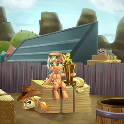 Size: 3000x3000 | Tagged: safe, artist:discorded, applejack, braeburn, pinkie pie, earth pony, pony, appleoosa's most wanted, g4, armpits, belly button, groucho mask, hay bale, hayburn, high res, topless, trophy, wet, wet mane, wet mane applejack