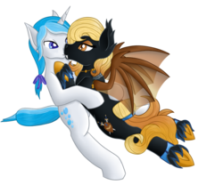 Size: 960x800 | Tagged: safe, artist:timid tracks, oc, oc only, oc:bubble lee, oc:gent lee, oc:regina liliac, bat pony, pony, unicorn, cuddling, female, lying down, male, on back, rule 63, snuggling, straight