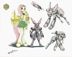 Size: 1024x806 | Tagged: safe, artist:ghstkatt, fluttershy, pegasus, robot, anthro, unguligrade anthro, g4, 2013, clothes, medabot medal, medabots, medawatch, skirt