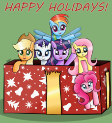 Size: 750x823 | Tagged: safe, artist:ratofdrawn, applejack, fluttershy, pinkie pie, rainbow dash, rarity, twilight sparkle, g4, christmas, looking at you, mane six, present