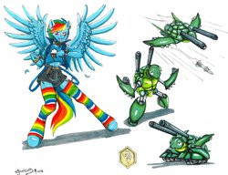 Size: 1024x786 | Tagged: safe, artist:ghstkatt, rainbow dash, tank, robot, anthro, unguligrade anthro, g4, 2013, anthro pets, awesome, belly button, clothes, collar, earring, medabot medal, medabots, medawatch, midriff, missile, piercing, rainbow socks, socks, spread wings, stockings, striped socks, vest