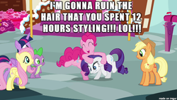 Size: 610x343 | Tagged: safe, edit, edited screencap, screencap, applejack, fluttershy, pinkie pie, rarity, spike, twilight sparkle, g4, hair, image macro, meme, noogie