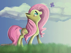 Size: 1280x956 | Tagged: safe, artist:jumian, fluttershy, butterfly, g4, female, folded wings, looking at something, looking up, sky, solo, standing
