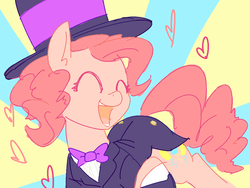 Size: 1000x750 | Tagged: safe, artist:nobody, pinkie pie, earth pony, pony, g4, bowtie, clothes, cute, diapinkes, eyes closed, female, hat, heart, open mouth, solo, sunburst background, top hat, tuxedo