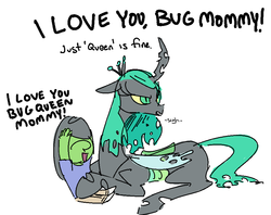 Size: 909x719 | Tagged: safe, artist:nobody, queen chrysalis, oc, oc:anon, human, g4, bugmom, child, dialogue, female, kid anon, male, mommy chrissy, mother, open mouth, son