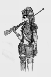 Size: 1143x1712 | Tagged: safe, artist:mach-volt, oc, oc only, anthro, fallout equestria, clothes, gun, jacket, monochrome, post-apocalyptic, punk, rifle, sad, sketch, solo, tattoo, traditional art