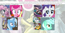 Size: 1006x511 | Tagged: safe, artist:berrypunchrules, idw, screencap, lyra heartstrings, pinkie pie, rarity, trixie, pony, unicorn, fiendship is magic #3, g4, my little pony: fiendship is magic, spoiler:comic, ancestors, female, mare, quote, text, the dazzlings