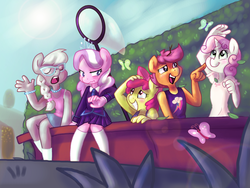 Size: 1024x768 | Tagged: safe, artist:kikirrikitiki, apple bloom, diamond tiara, scootaloo, silver spoon, sweetie belle, butterfly, earth pony, pegasus, unicorn, anthro, g4, blushing, bow, clothes, cutie mark crusaders, eyes closed, female, hair bow, leaves, lens flare, open mouth, school uniform, skirt, smiling, tank top
