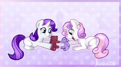 Size: 913x507 | Tagged: safe, artist:kikirrikitiki, rarity, sweetie belle, pony, g4, age regression, blank flank, cute, diasweetes, female, filly, open mouth, playing, plushie, prone, raribetes, siblings, sisters, teddy bear