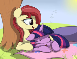 Size: 2452x1889 | Tagged: safe, artist:mistydash, twilight sparkle, oc, oc:rhythm a cappella, alicorn, pony, g4, female, mare, sleeping, twilight sparkle (alicorn), zzz