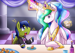 Size: 2000x1412 | Tagged: safe, artist:vavacung, princess celestia, oc, oc:rally flag, pegasus, pony, g4, bowtie, canon x oc, clothes, cupcake, female, food, levitation, magic, male, rallylestia, shipping, smiling, straight, suit, teacup, telekinesis, tuxedo