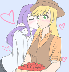 Size: 1280x1323 | Tagged: safe, artist:jonfawkes, applejack, rarity, human, g4, 30 minute art challenge, blushing, elf ears, female, humanized, lesbian, ship:rarijack, shipping