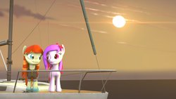 Size: 1191x670 | Tagged: safe, artist:the-lunar-brony, oc, oc only, oc:film flick, oc:silent song, 3d, boat, shipping, source filmmaker, sunset