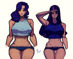 Size: 1280x1032 | Tagged: safe, artist:yunni-yunni, rarity, twilight sparkle, human, g4, abs, armpits, belly button, big breasts, breasts, busty rarity, busty twilight sparkle, duo, female, hips, humanized, midriff, muscles, salute, thigh gap, wide hips