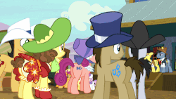 Size: 500x281 | Tagged: safe, screencap, apple bloom, applejack, bonnie rose, braeburn, cherry cola, cherry fizzy, doctor whooves, fetter keys, lucky clover, may fair, scootaloo, sheriff silverstar, star spur, sweetie belle, time turner, earth pony, pony, appleoosa's most wanted, g4, animated, appleloosa resident, bloomers, bow-legged, cutie mark crusaders, female, junior deputy, male, mare, senior deputy, stallion