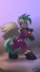 Size: 1080x1920 | Tagged: safe, artist:noben, oc, oc only, oc:risky business, pegasus, anthro, anthro oc, ass, butt, clothes, cloud, female, flight suit, hoof hands, latex, latex suit, looking at you, shadowbolts, shadowbolts costume, solo