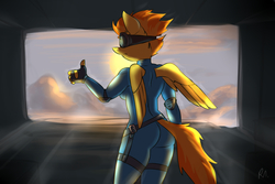 Size: 3000x2000 | Tagged: safe, artist:bluecoffeedog, spitfire, anthro, g4, ass, butt, cloud, dawn, female, goggles, high res, mountain, skintight clothes, skydiving, solo, sun, thumbs up, wonderbolts uniform