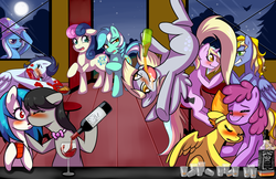 Size: 1530x990 | Tagged: safe, artist:bumblebun, berry punch, berryshine, bon bon, derpy hooves, dj pon-3, lyra heartstrings, octavia melody, soarin', spitfire, sweetie drops, trixie, vinyl scratch, oc, pegasus, pony, g4, background pony, berry fire, blushing, drinking, drunk, female, gilded tongue, lesbian, mare, pie, salute, ship:lyrabon, ship:scratchtavia, shipping, that pony sure does love pies, tipsy, tipsyfire