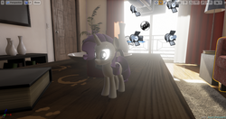 Size: 1230x649 | Tagged: safe, artist:3d thread, artist:creatorofpony, rarity, g4, 3d, 3d model, blender, book, door, female, glowing, light, light-piping, solo, television, vase