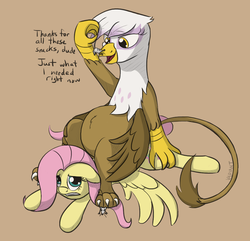 Size: 986x951 | Tagged: safe, artist:variant, fluttershy, gilda, griffon, mouse, pegasus, pony, g4, abuse, animal prey, belly, carnivore, digestion, female, flutterbuse, food chain, gildapred, griffons doing griffon things, herbivore vs carnivore, mare, moral event horizon, predation, vore