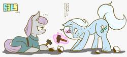 Size: 1024x461 | Tagged: safe, artist:jyanome, maud pie, trixie, pony, unicorn, g4, female, hammer, japanese, mare, sweat, translated in the comments