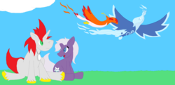 Size: 2816x1364 | Tagged: safe, artist:helix86, oc, oc only, oc:disastral, oc:flare, oc:helix, oc:ridley, ice phoenix, phoenix, pony, unicorn, fanart