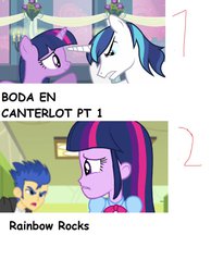 Size: 787x1015 | Tagged: safe, edit, screencap, flash sentry, shining armor, twilight sparkle, a canterlot wedding, equestria girls, g4, my little pony equestria girls: rainbow rocks, angry, comic sans, comparison, meme, spanish, twilight sparkle (alicorn)