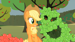 Size: 1281x720 | Tagged: safe, screencap, applejack, keepers of the grove of truth, earth pony, pony, g4, the return of harmony, apple, canterlot hedge maze, female, food, hedge maze, mare, maze, open mouth, solo