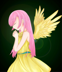 Size: 1000x1166 | Tagged: safe, artist:d-tomoyo, fluttershy, human, g4, alternate clothes, alternate hairstyle, eyes closed, female, humanized, praying, solo, winged humanization