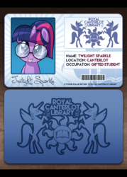 Size: 1200x1680 | Tagged: safe, artist:zombie, twilight sparkle, g4, adorkable, braces, canterlot, canterlot high, cute, dork, glasses, library, library card, nerd pony, twiabetes, weapons-grade cute, younger