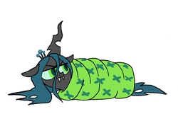Size: 1277x998 | Tagged: dead source, safe, artist:fiona, queen chrysalis, changeling, changeling queen, g4, angry, blanket, blanket burrito, cocoon, crown, cute, cutealis, female, solo