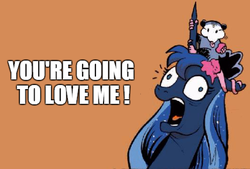 Size: 490x332 | Tagged: safe, idw, princess luna, tiberius, g4, micro-series #10, my little pony micro-series, exploitable meme, meme, you're going to love me