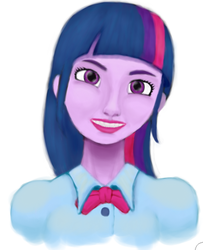 Size: 462x570 | Tagged: safe, artist:mentalmongloid, twilight sparkle, equestria girls, g4, bust, female, simple background, smiling, solo, uncanny valley, white background