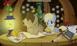 Size: 1003x597 | Tagged: safe, artist:alektorotelumphobia, derpy hooves, doctor whooves, time turner, pony, g4, book, christmas, doctor who, goggles, holiday, lantern, male, mistletoe, muffin, sleeping, sonic screwdriver, stallion, tardis, teacup