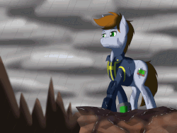 Size: 800x600 | Tagged: safe, artist:ookamithewolf1, oc, oc only, oc:littlepip, pony, unicorn, fallout equestria, animated, cliff, clothes, cloud, cloudy, cutie mark, fanfic, fanfic art, female, gif, hooves, horn, jumpsuit, mare, pipbuck, rain, solo, vault suit, wind