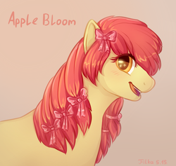 Size: 884x837 | Tagged: safe, artist:neflovira, apple bloom, g4, alternate hairstyle, bow, cute, female, hair bow, happy, looking at you, older, open mouth, solo