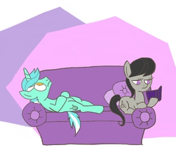 Size: 834x733 | Tagged: safe, artist:fiona, lyra heartstrings, octavia melody, earth pony, pony, unicorn, g4, book, couch, cute, duo, female, frown, guyra, lyrabetes, male, mare, on back, prone, rule 63, rule63betes, sitting, stallion, tavibetes