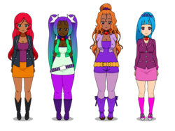 Size: 800x600 | Tagged: safe, artist:piojote, adagio dazzle, aria blaze, sonata dusk, sunset shimmer, human, g4, boots, clothes, converse, dark skin, female, humanized, jeans, kisekae, line-up, looking at you, pants, shirt, shoes, skirt, socks, the dazzlings