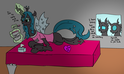 Size: 2559x1534 | Tagged: artist needed, safe, queen chrysalis, changeling, g4, clothes, defeated, depressed, dork, dorkalis, feels, ice cream, sweater, tissue, tissue box, trash, trash can, valentine's day card
