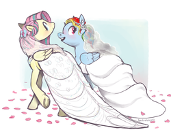Size: 1240x945 | Tagged: safe, artist:spectralunicorn, fluttershy, rainbow dash, pegasus, pony, g4, blushing, clothes, dress, female, folded wings, lesbian, looking at you, looking back, looking back at you, marriage, ship:flutterdash, shipping, wedding, wedding dress