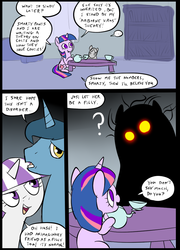 Size: 696x965 | Tagged: safe, artist:metal-kitty, night light, smarty pants, twilight sparkle, twilight velvet, pony, unicorn, g4, adoracreepy, colored, comic, creepy, cute, dialogue, entity, female, filly, filly twilight sparkle, husband and wife, imaginary friend, male, ship:nightvelvet, tea party, unicorn twilight, younger