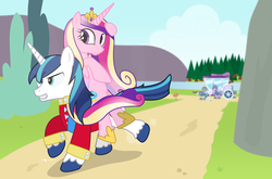 Size: 1120x740 | Tagged: safe, artist:dm29, princess cadance, shining armor, g4, cadance riding shining armor, carriage, duo, galloping, ponies riding ponies, riding, royal guard, running