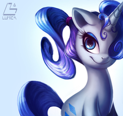 Size: 3366x3168 | Tagged: safe, artist:shira-hedgie, rarity, pony, unicorn, g4, 2015, alternate hairstyle, female, hair over one eye, high res, looking at you, mare, old art, ponytail, simple background, sitting, solo