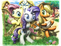 Size: 2000x1526 | Tagged: safe, artist:michiito, applejack, fluttershy, rarity, earth pony, pegasus, pony, unicorn, g4, banjo, bipedal, dexterous hooves, female, harp, mare, musical instrument, pixiv, traditional art, trio, trio female, violin