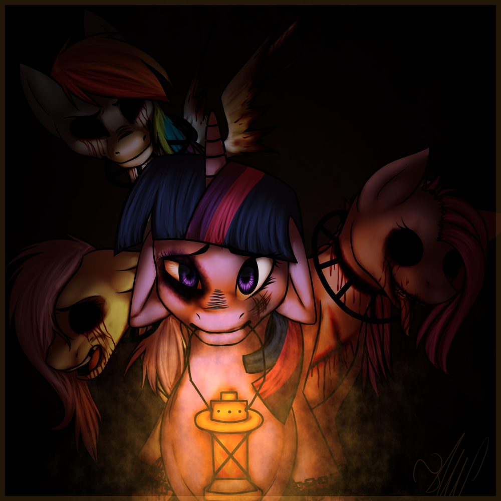 891770 - grimdark, artist:tinity123, fluttershy, pinkie pie, rainbow dash,  twilight sparkle, g4, amnesia: justine, amnesia: the dark descent,  amnesiashy, black eye, blood, creepypasta, female, floppy ears, justine,  lantern, my little amnesia, zalgo -