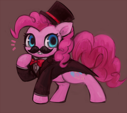 Size: 580x516 | Tagged: safe, artist:kei05, pinkie pie, g4, brown background, clothes, cute, diapinkes, hat, moustache, simple background, smiling, suit, top hat