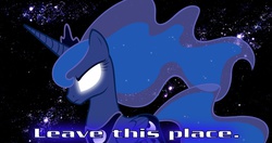 Size: 1280x678 | Tagged: safe, edit, princess luna, g4, angry, female, gtfo, photoshop, solo, starfield, stars, text edit, warning