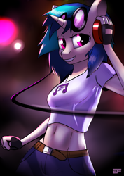 Size: 2059x2912 | Tagged: safe, artist:greenfireartist, dj pon-3, vinyl scratch, unicorn, anthro, g4, belly button, clothes, female, headphones, high res, looking at you, midriff, shirt, solo