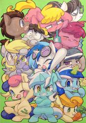 Size: 716x1024 | Tagged: safe, artist:mosamosa_n, berry punch, berryshine, bon bon, carrot top, cherry berry, derpy hooves, dinky hooves, dj pon-3, doctor whooves, golden harvest, lyra heartstrings, minuette, octavia melody, sweetie drops, time turner, truffle shuffle, vinyl scratch, writing desk, earth pony, pegasus, pony, unicorn, g4, background pony, carrot, glasses, male, stallion